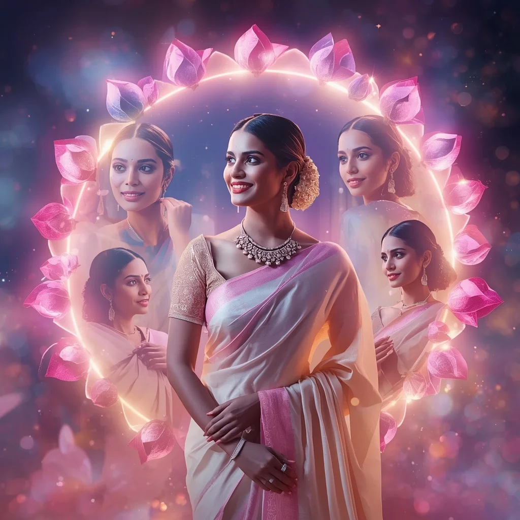 Festive Pastel Saree Neon Galaxy Lotus Halo Collage Modern Cinematic | Instagram Carousel Ai Prompt