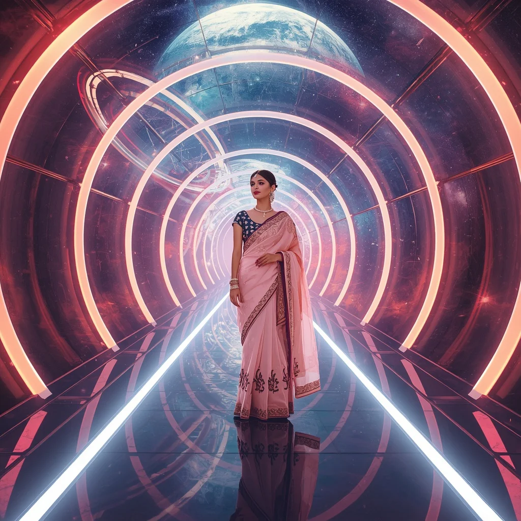 Festive Pastel Saree Neon Galaxy Orbital Sanctuary Modern Collage | Female Model Ai Prompt