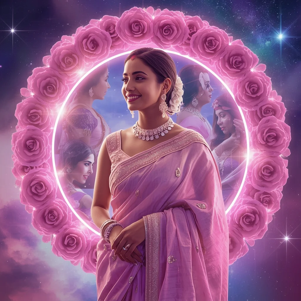 Festive Pastel Saree Neon Galaxy Rose Halo Collage Modern Cinematic | Instagram Post Ai Prompt