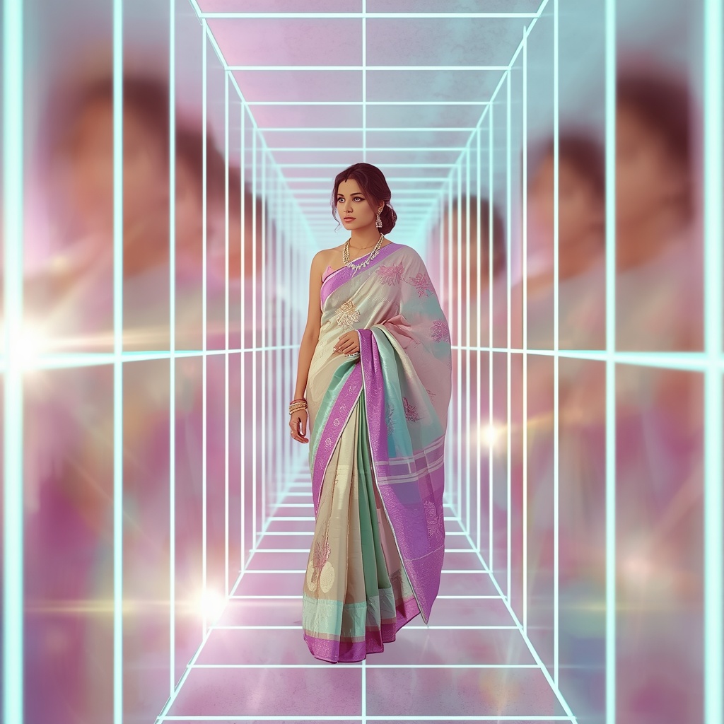 Festive Pastel Saree Neon Grid Depth Warp Corridor Collage Modern | Realistic Ai Prompt