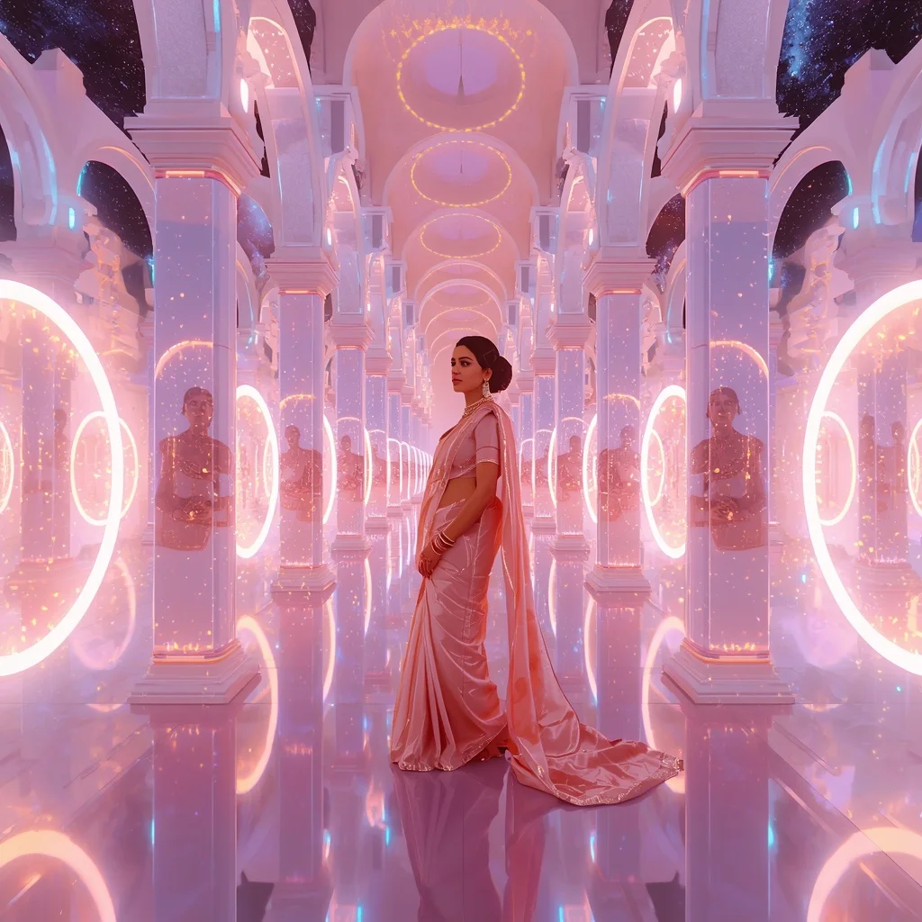 Festive Pastel Saree Neon Infinity Constellation Palace Collage Modern | Character Design Ai Prompt