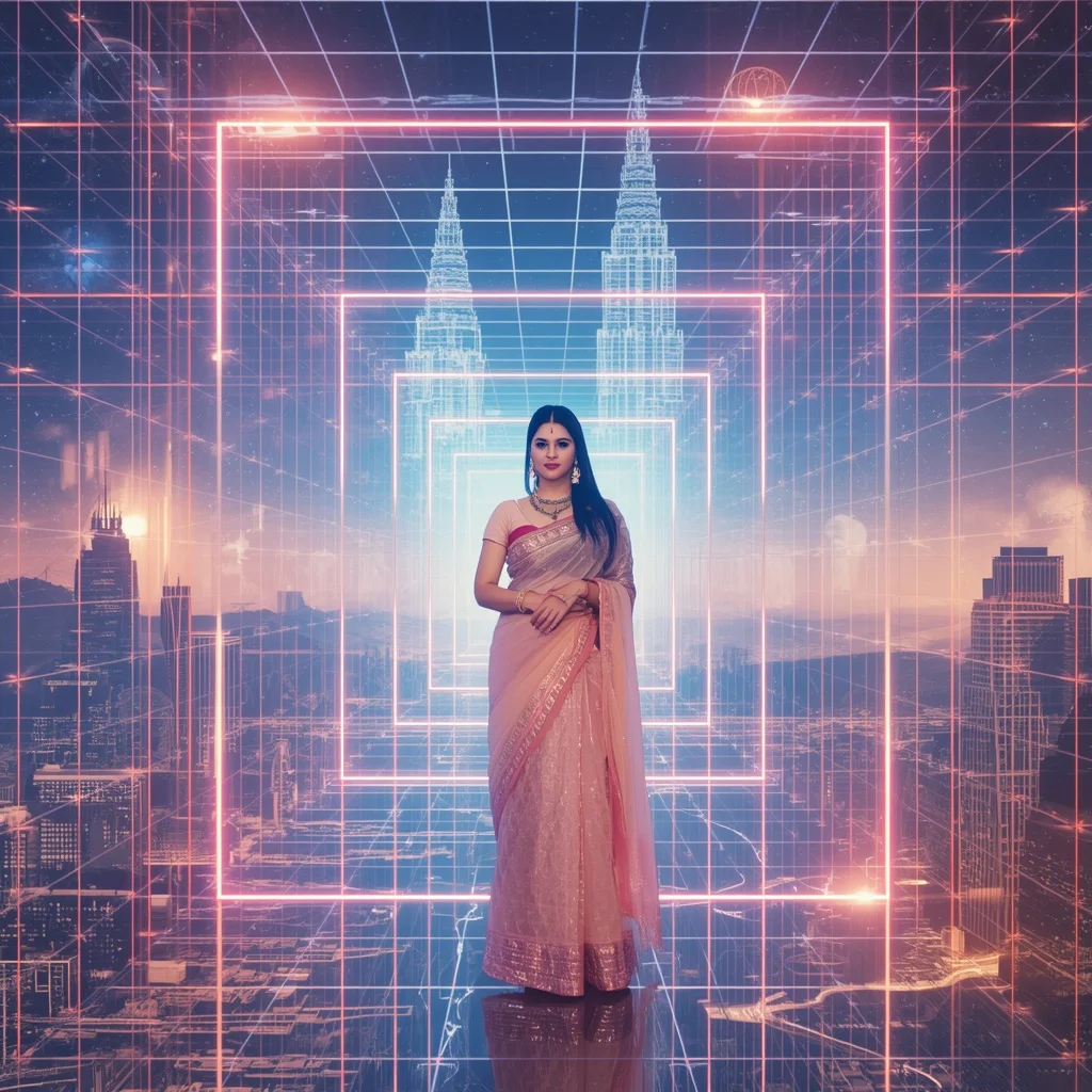 Festive Pastel Saree Neon Infinity Quantum Star Grid Metropolis Collage Modern | Gemini Ai Prompt Copy Paste