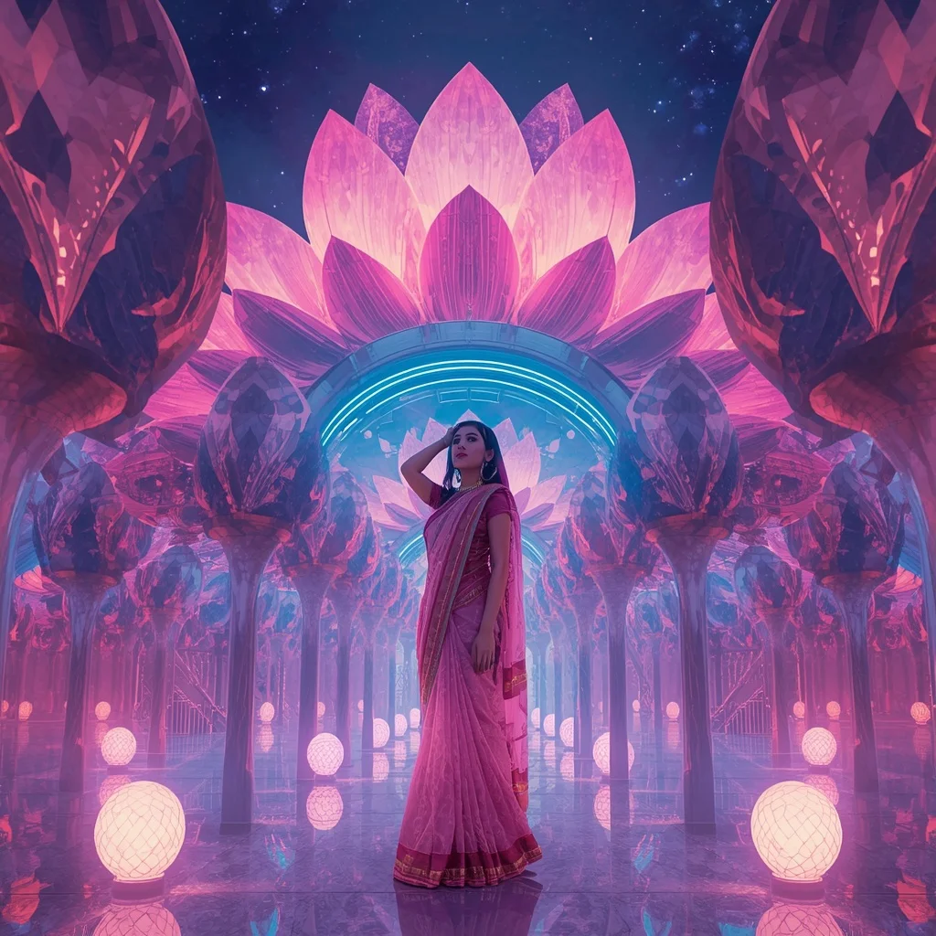 Festive Pastel Saree Neon Lotus Galaxy Crown Spiral Citadel Collage Modern | Prompt Gemini Ai