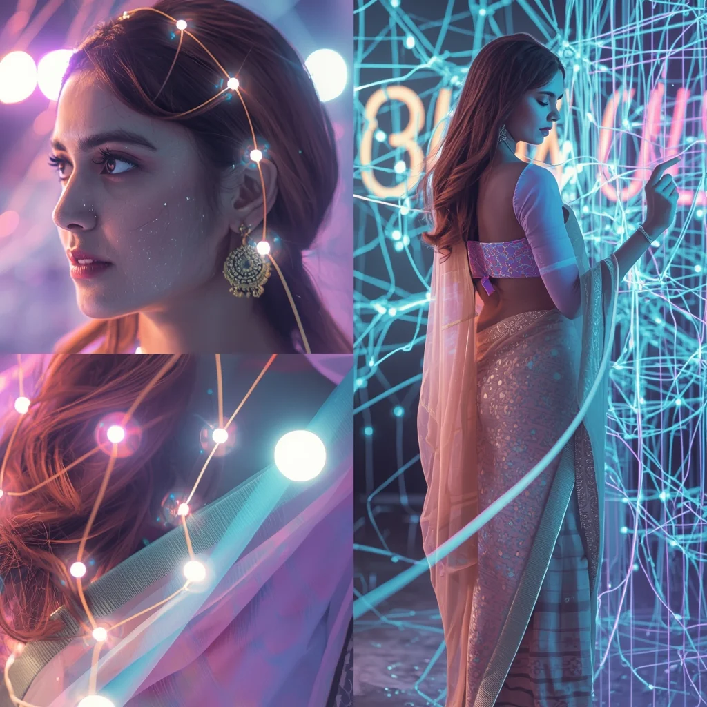Festive Pastel Saree Neon Neural Network Collage | Indian Girl Digital Brain Aesthetic Cinematic Viral Prompt | Saree Prompt For Women Pdf