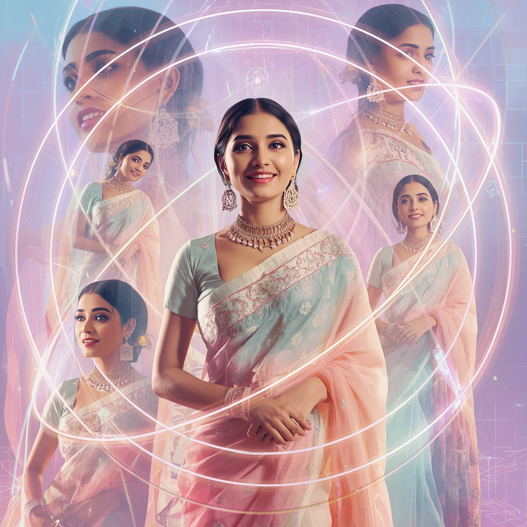 Festive Pastel Saree Neon Orbit Pulse Lattice Collage Modern | Ai Prompt
