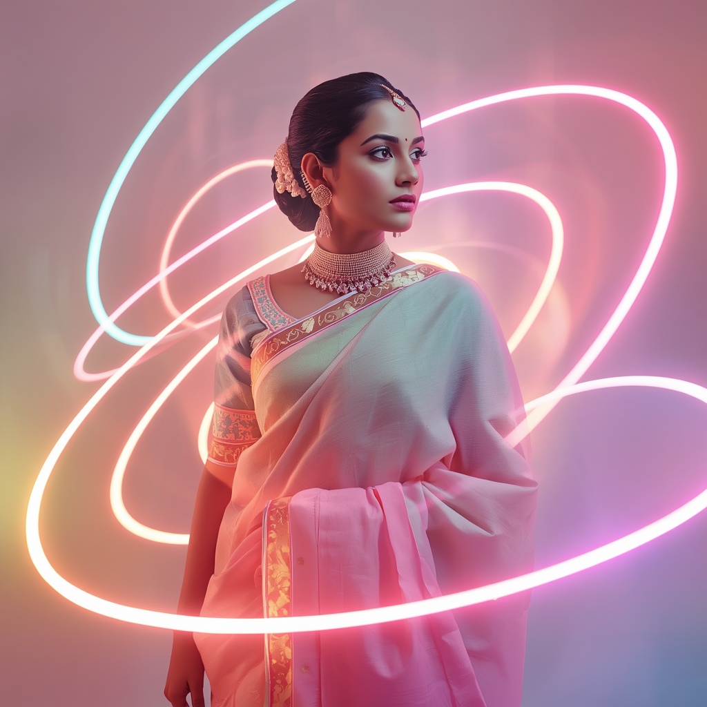 Festive Pastel Saree Neon Pulse Elliptical Orbit Collage Modern | Leonardo Ai Image Prompt