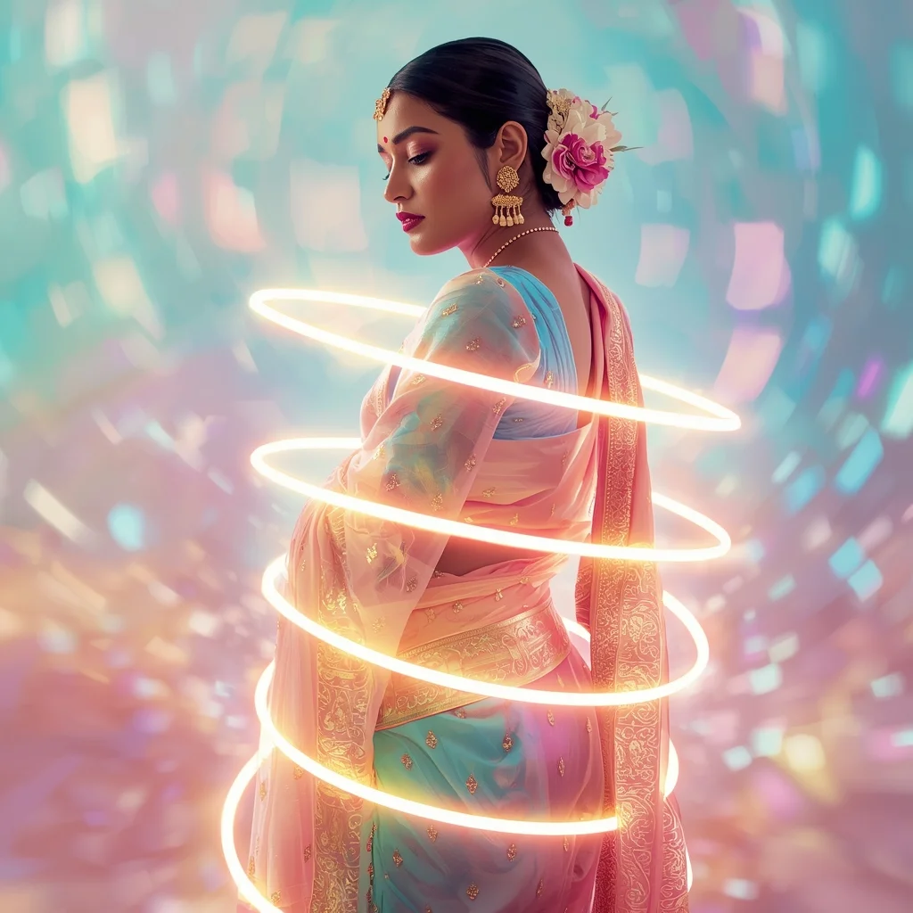 Festive Pastel Saree Neon Pulse Ribbon Spiral Collage Modern Cinematic