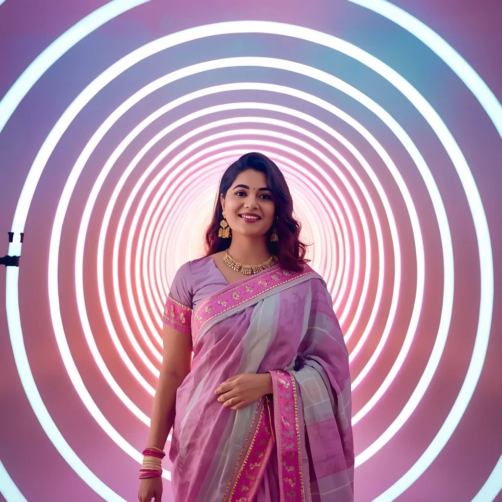 Festive Pastel Saree Neon Pulse Ring Tunnel Collage Modern Cinematic | Gemini Saree Prompt For Girl