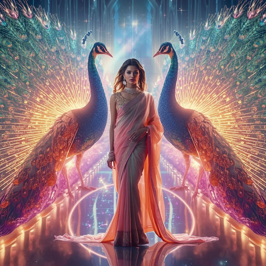 Festive Pastel Saree Neon Solar Peacock Cathedral Modern Collage | Gemini Ai Prompt