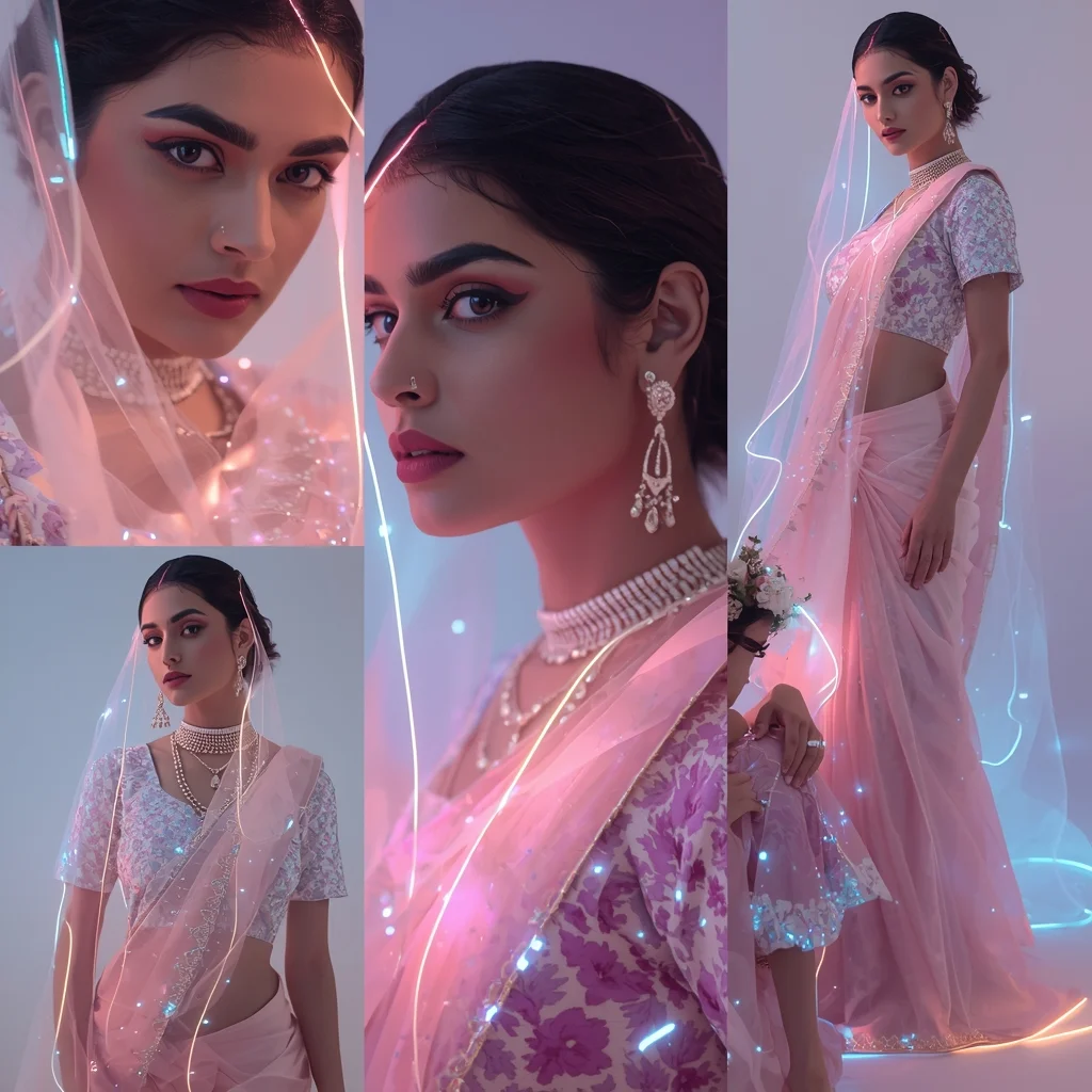 Festive Pastel Saree Neon Veil Collage | Indian Girl Futuristic Glow Aesthetic Soft Cinematic Viral Prompt | Prompt For Gemini Saree