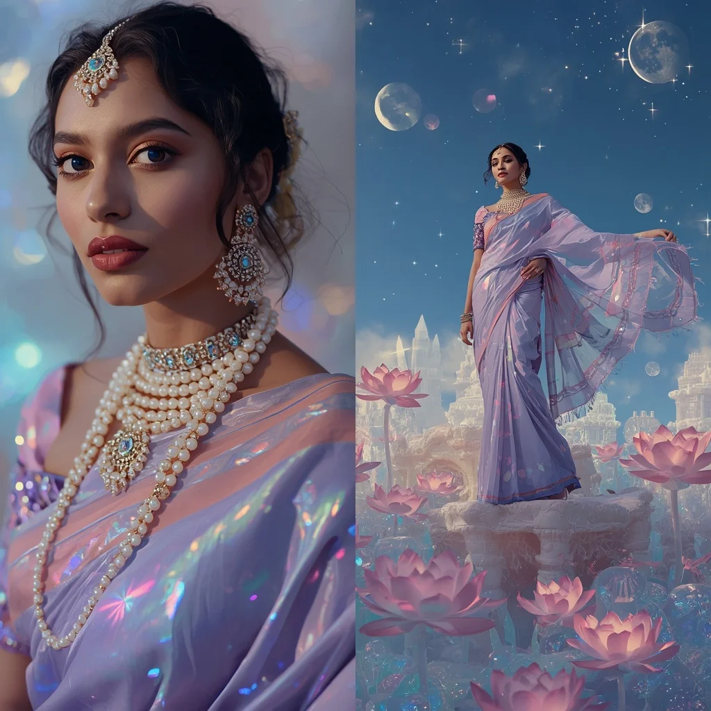 Festive Pastel Saree Opaline Moon Lotus Citadel Collage | Woman Pose Ai Prompt