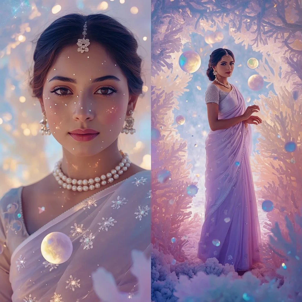 Festive Pastel Saree Opaline Moon Reef Kingdom Collage | Instagram Profile Pic Ai Prompt