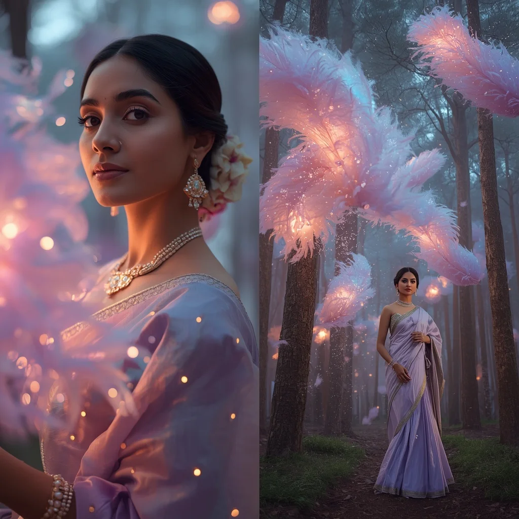 Festive Pastel Saree Opaline Nebula Feather Forest Collage | Prompt Seen Trending Girl 2026 Chatgpt