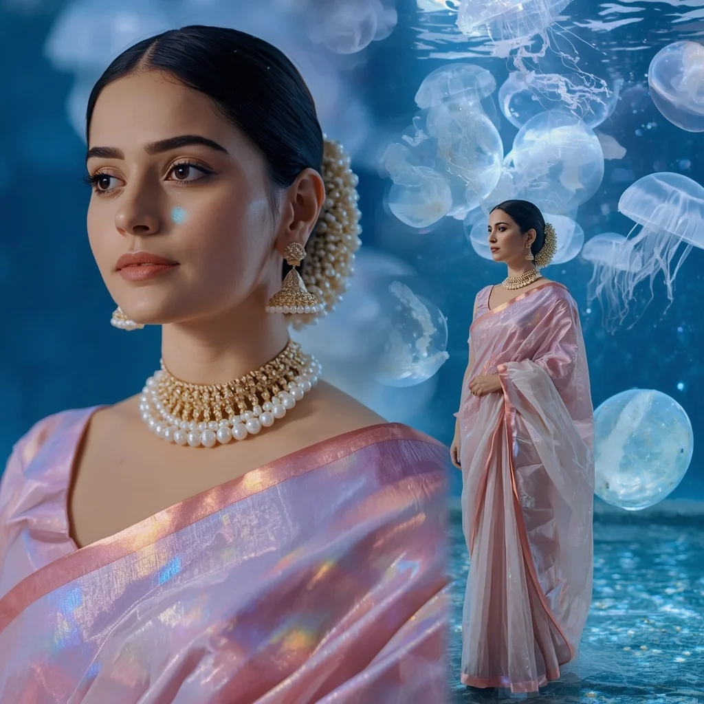Festive Pastel Saree Opaline Planet Bloom Aquarium Collage | Ai Selfie Prompt