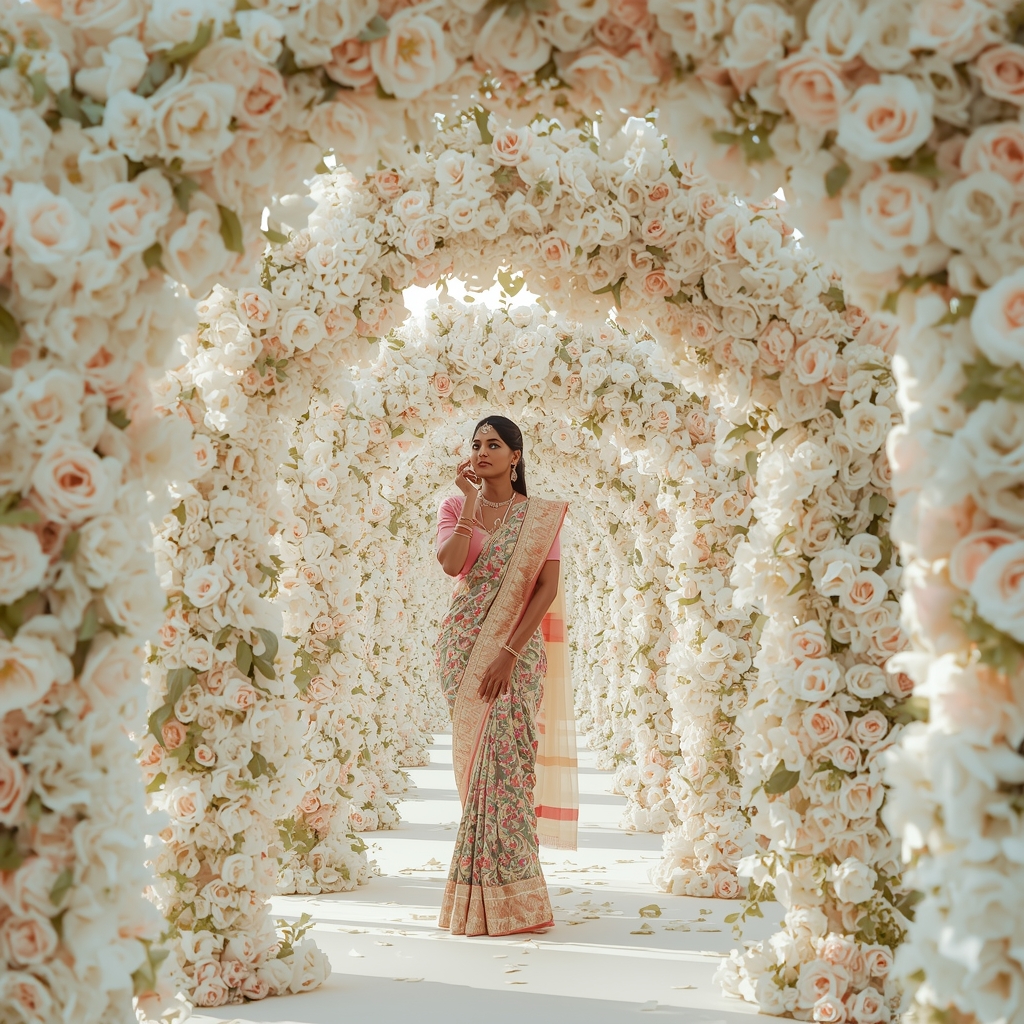 Festive Pastel Saree Overexposed White Floral Arches | Gemini Saree Ai Photo Prompt