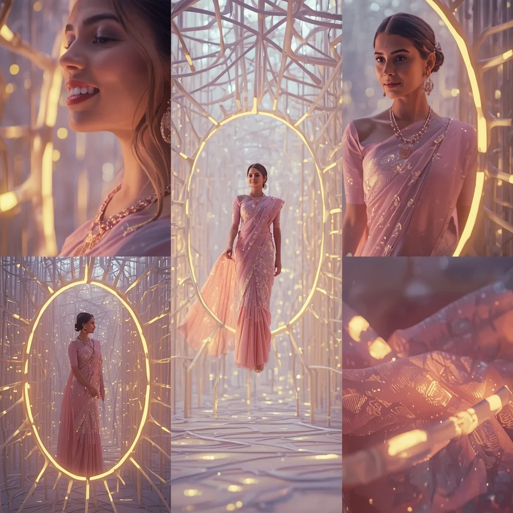 Festive Pastel Saree Parametric Bamboo Neural Network Collage | Indian Girl Ai Prompt