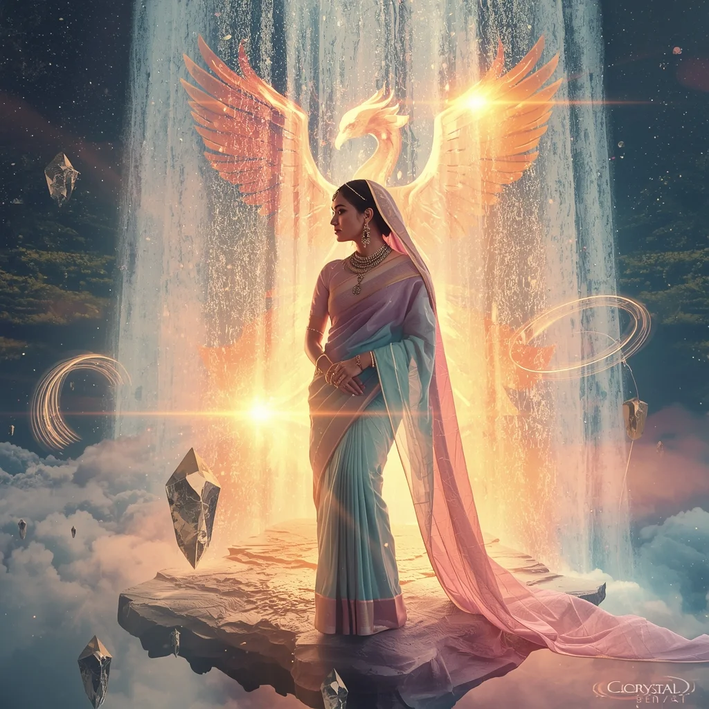 Festive Pastel Saree Phoenix Crystal Waterfall Portal Collage | Mythical Legendary Prompt | Saree Couple Ai Prompt