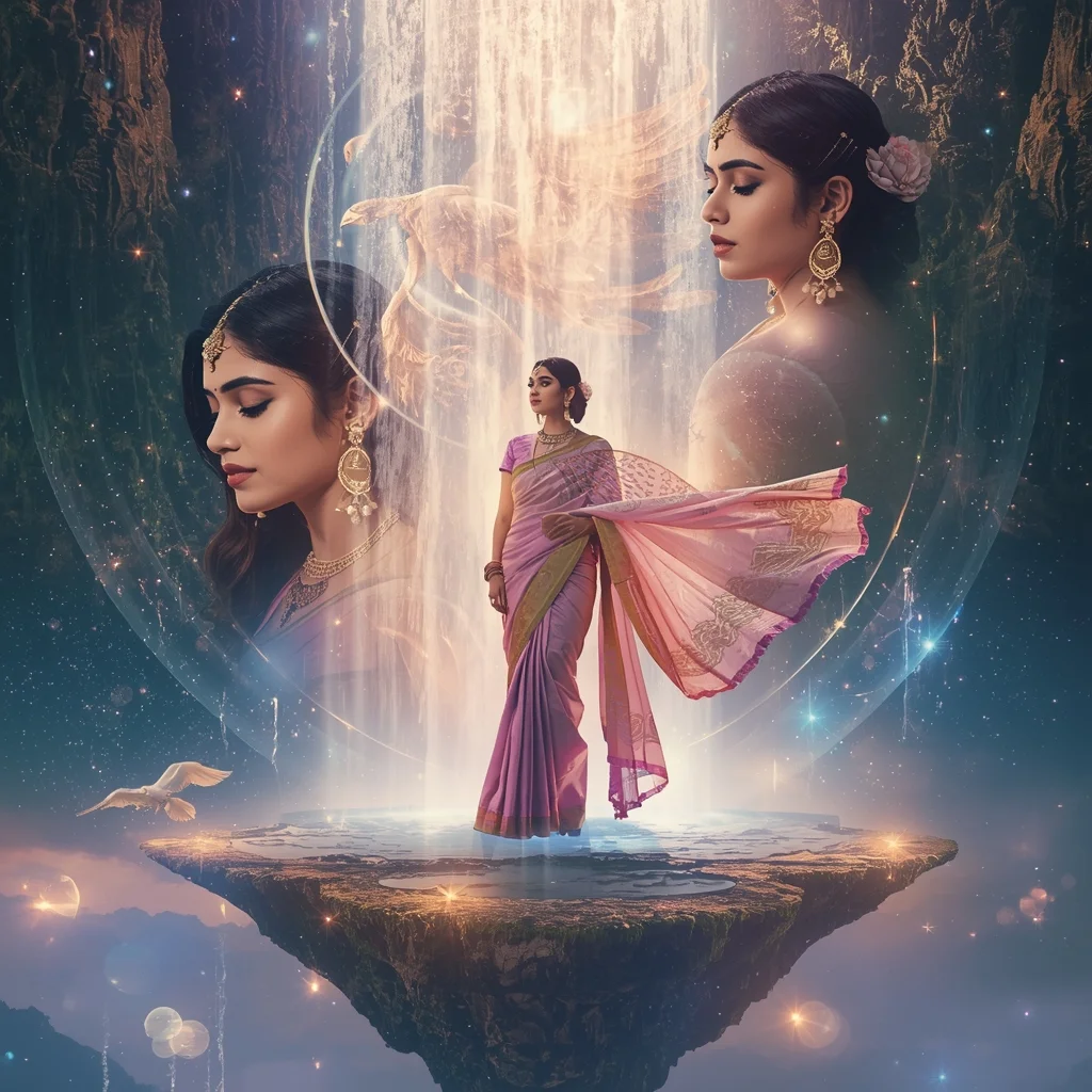 Festive Pastel Saree Phoenix Crystal Waterfall Portal Collage | Mythical Legendary Prompt | Saree Prompt Copy Paste