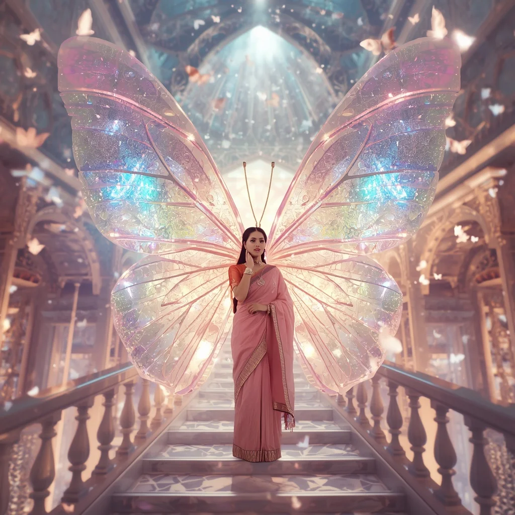Festive Pastel Saree Prism Butterfly Galaxy Palace Collage Premium | Ai Image Prompt