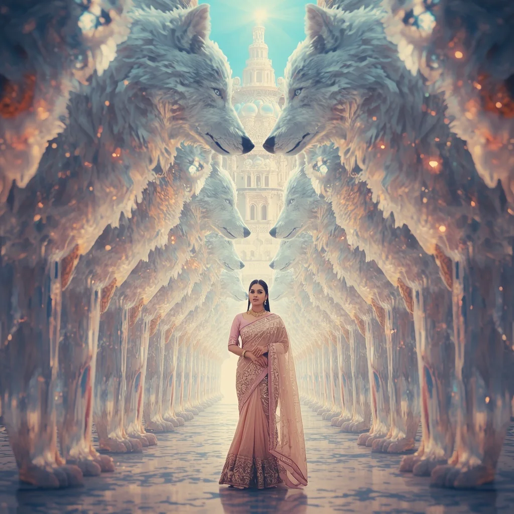 Festive Pastel Saree Prism Celestial Wolf Citadel Collage Premium | Korean Ai Prompt