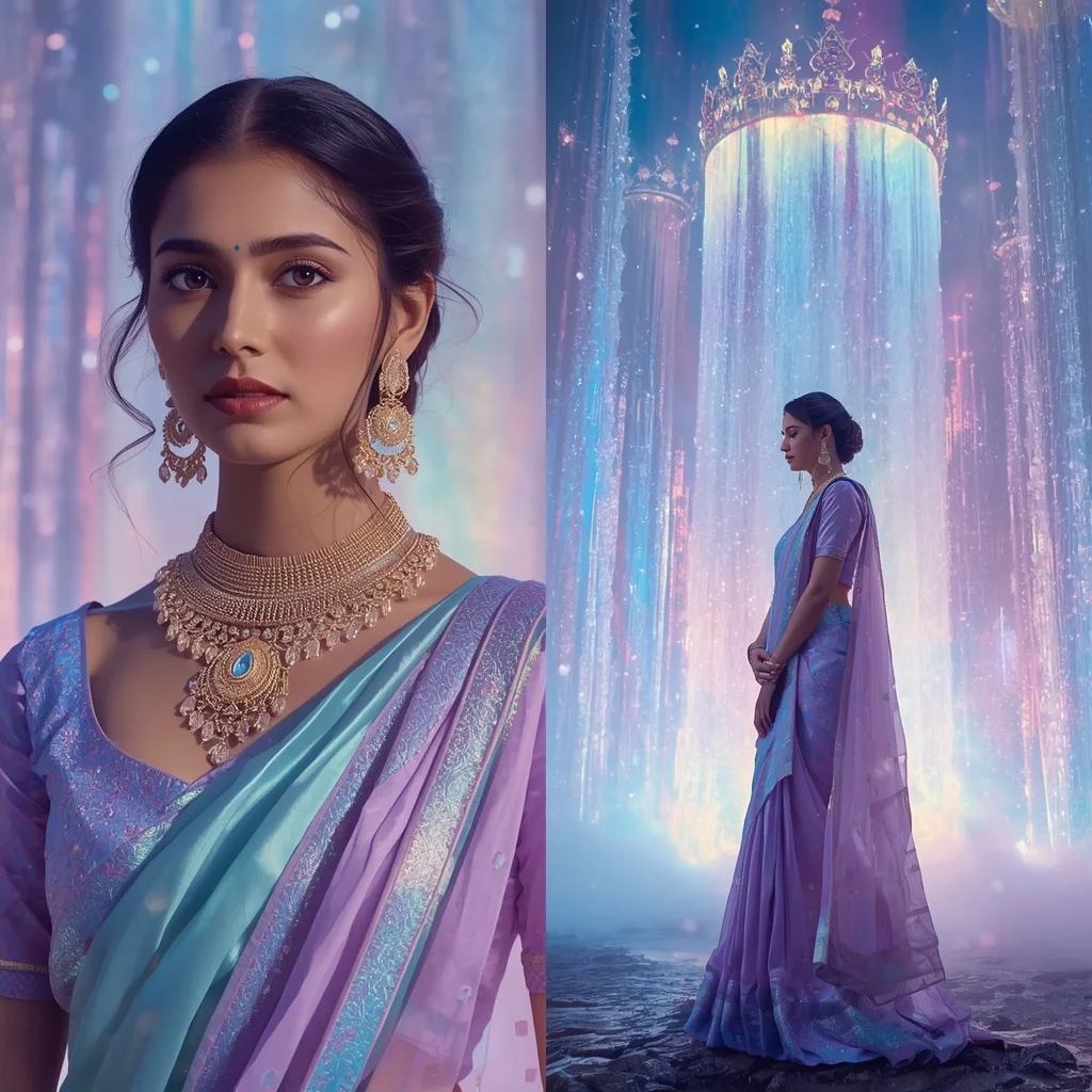 Festive Pastel Saree Prism Crown Aurora Waterfalls Collage | South Indian Prompt For Gemini Girl Instagram