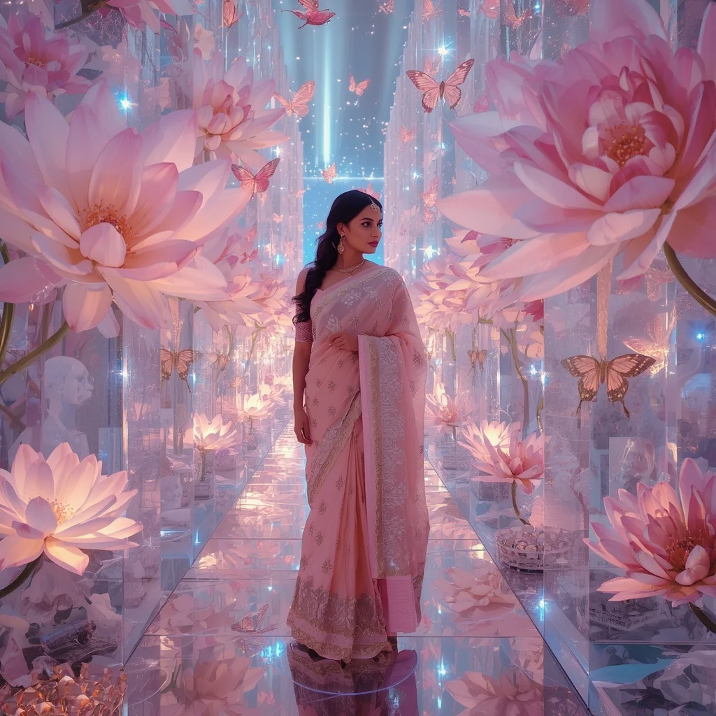 Festive Pastel Saree Prism Crystal Aurora Blossom Paradise Collage Premium Editorial | Fitness Model Ai Prompt