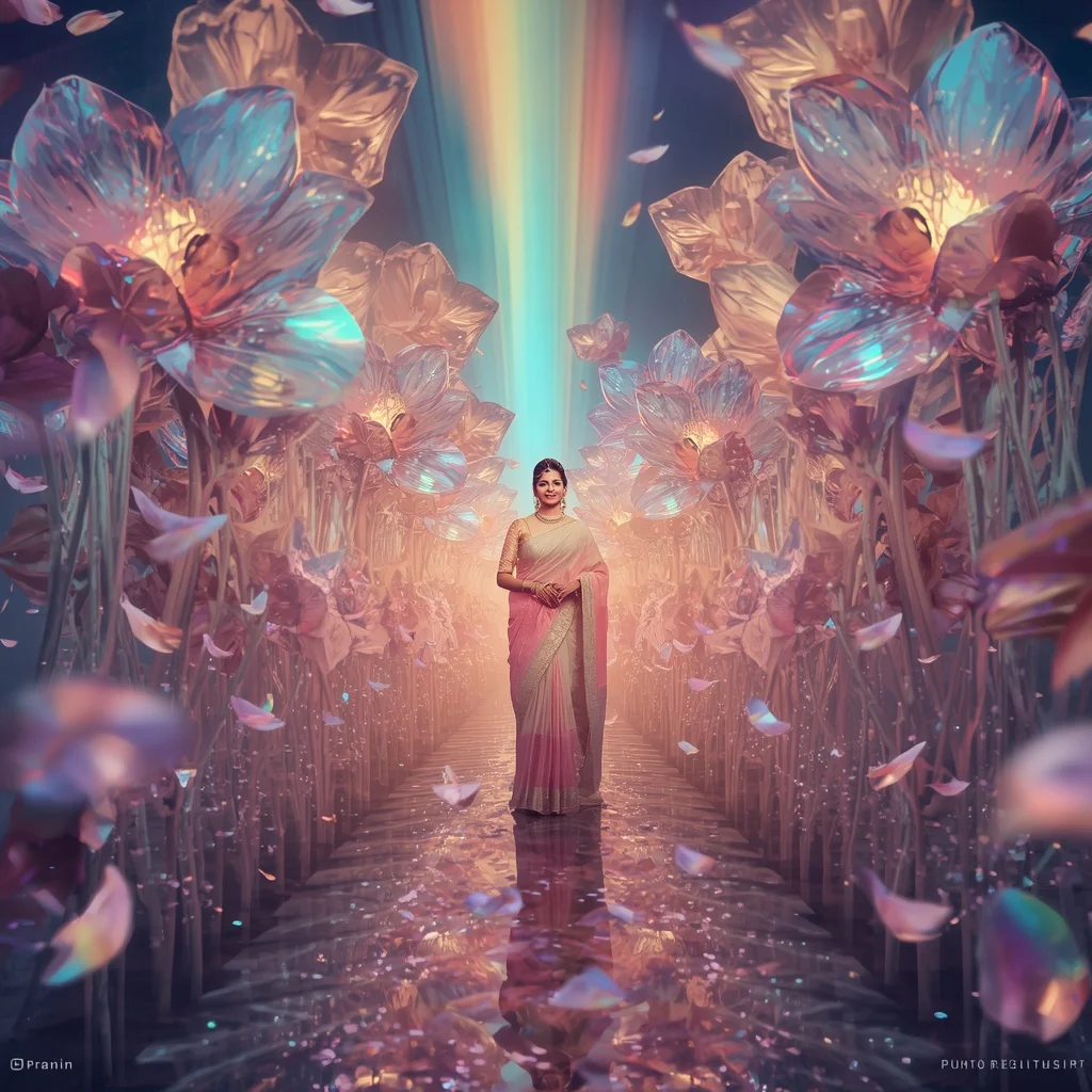 Festive Pastel Saree Prism Crystal Aurora Flower Empire Collage Premium | Prompt Ai For Girl Aesthetic