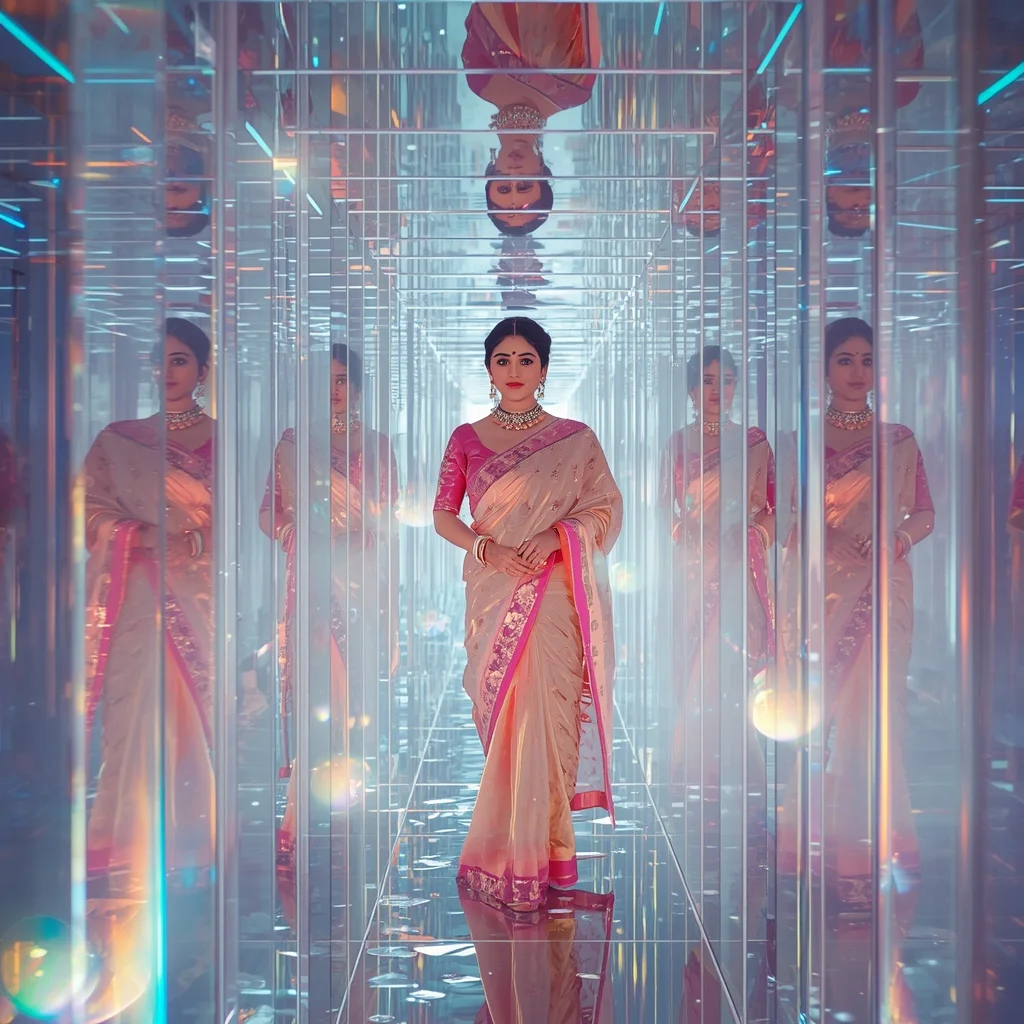 Festive Pastel Saree Prism Crystal Aurora Labyrinth Collage Premium | Prompt Seen Girls AI Photo Editing
