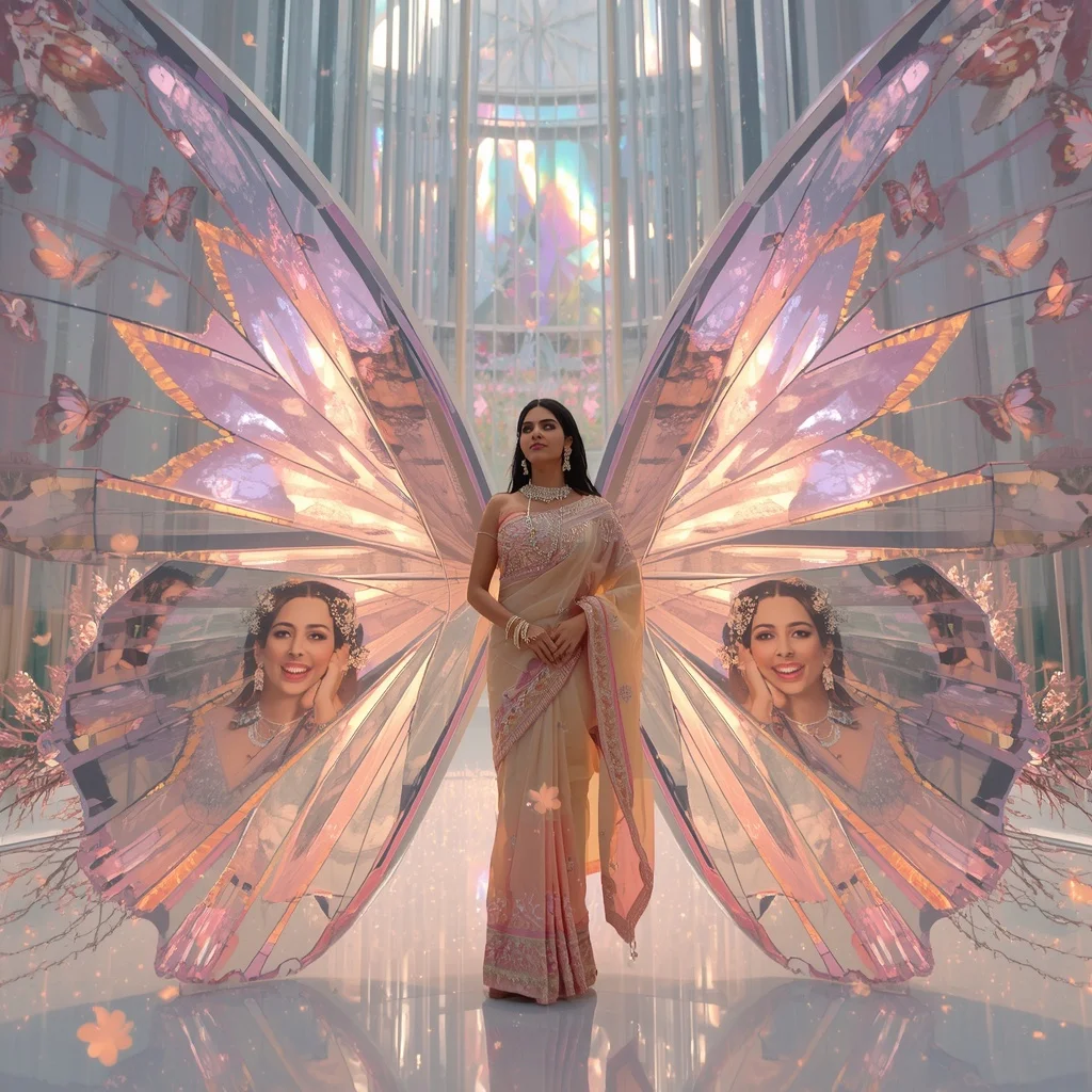 Festive Pastel Saree Prism Crystal Butterfly Cathedral Premium | Prompt For Girl Photo Editing