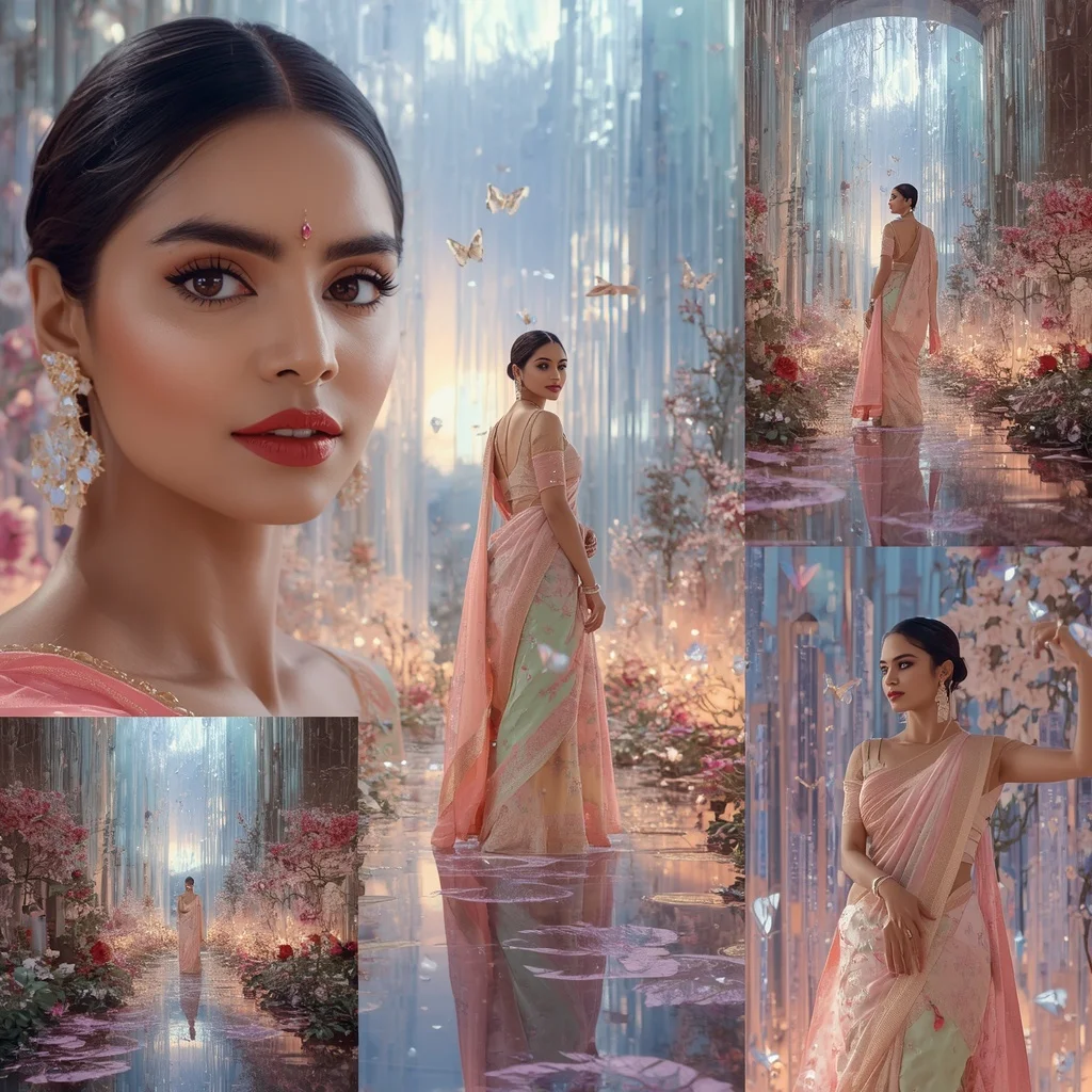 Festive Pastel Saree Prism Crystal Celestial Waterfall Palace Collage Premium Editorial | Influencer Ai Prompt