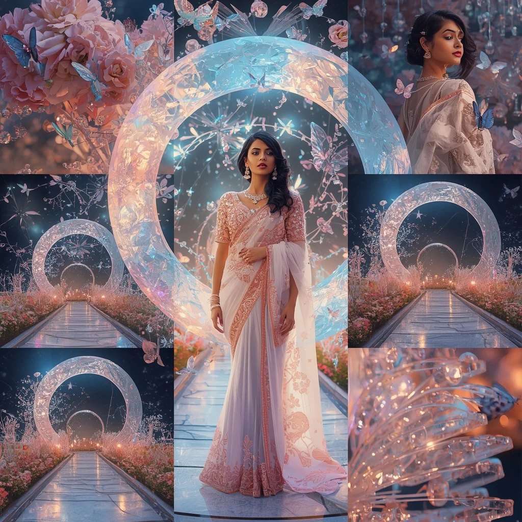Festive Pastel Saree Prism Crystal Diamond Moon Garden Collage Premium Editorial | New Instagram Trend Prompt For Girl