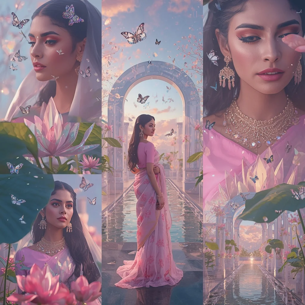 Festive Pastel Saree Prism Crystal Eternal Lotus Citadel Collage Premium Editorial | Gemini Prompt