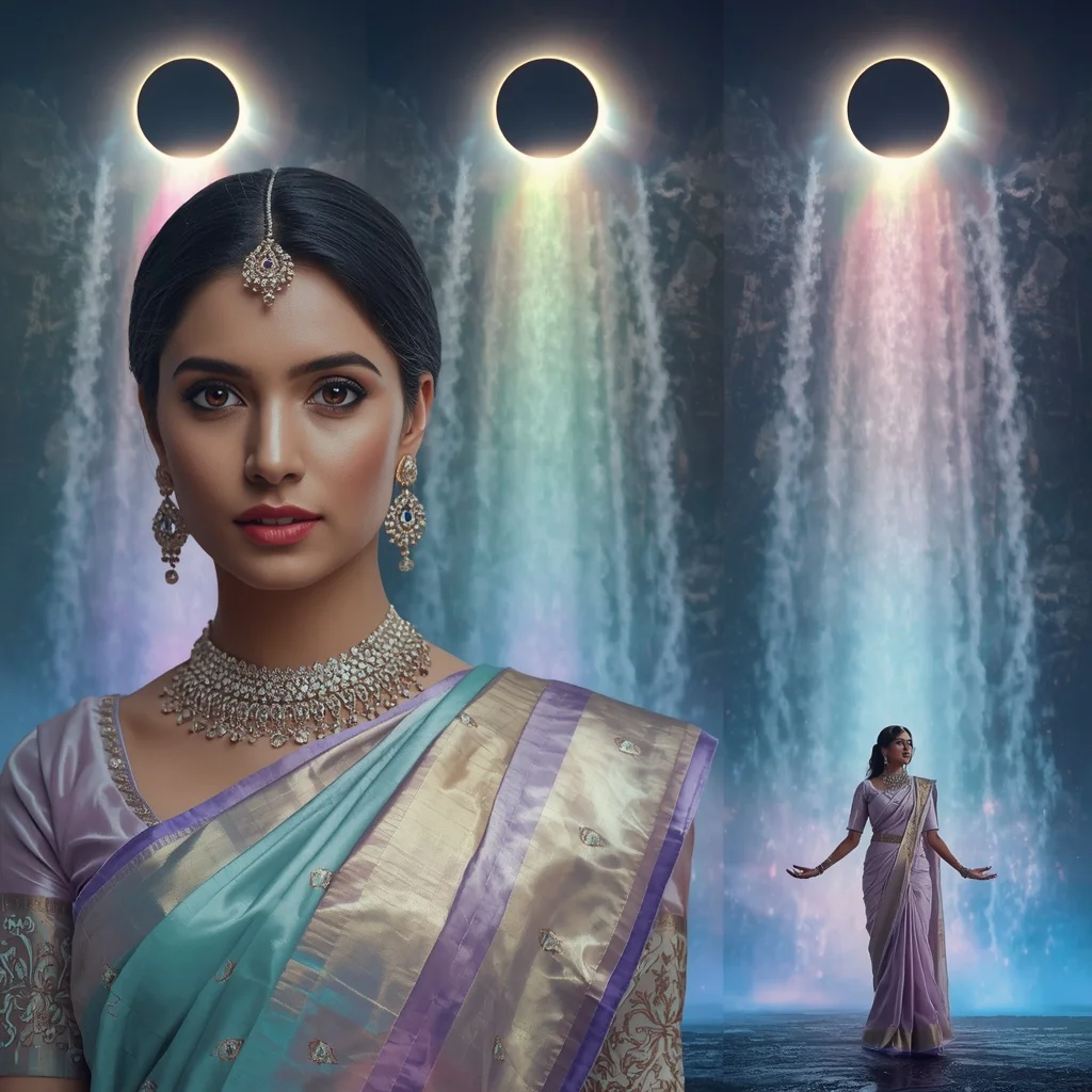 Festive Pastel Saree Prism Eclipse Waterfall Empire Collage | Realistic Ai Prompt