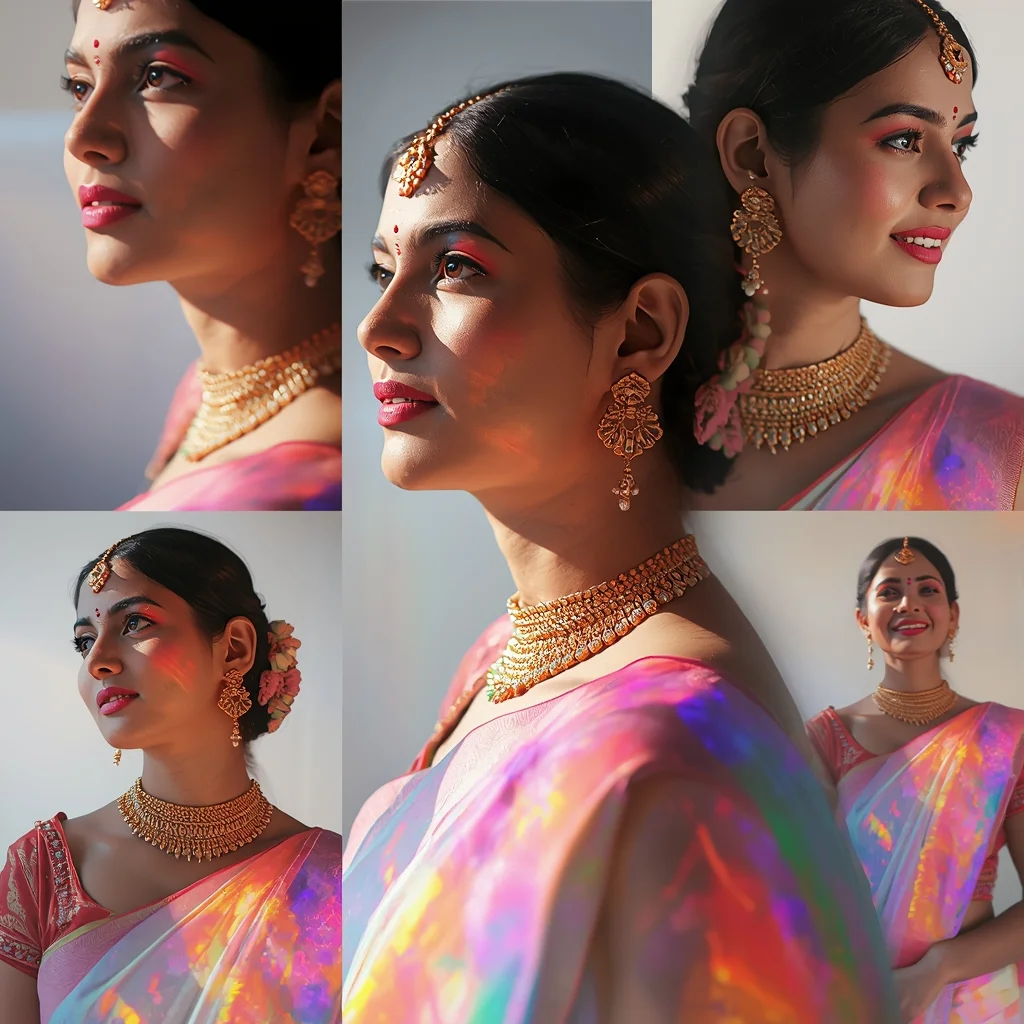 Festive Pastel Saree Prism Light Collage | Indian Girl Rainbow Reflection Aesthetic Soft Cinematic Viral Prompt | Saree Prompt Copy Paste