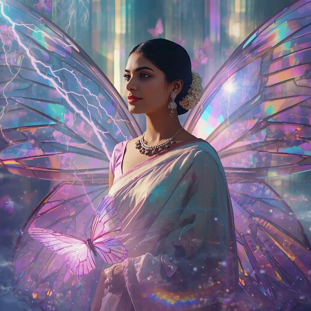 Festive Pastel Saree Prism Lightning Butterfly Realm Collage | Image To Prompt