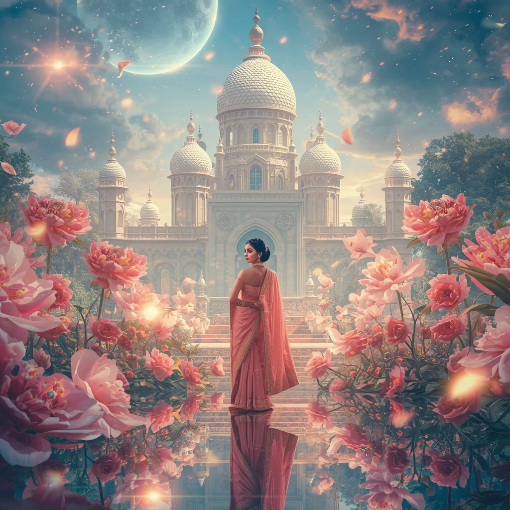 Festive Pastel Saree Prism Moon Garden Fortress Luxury Collage | Bridal Ai Prompt