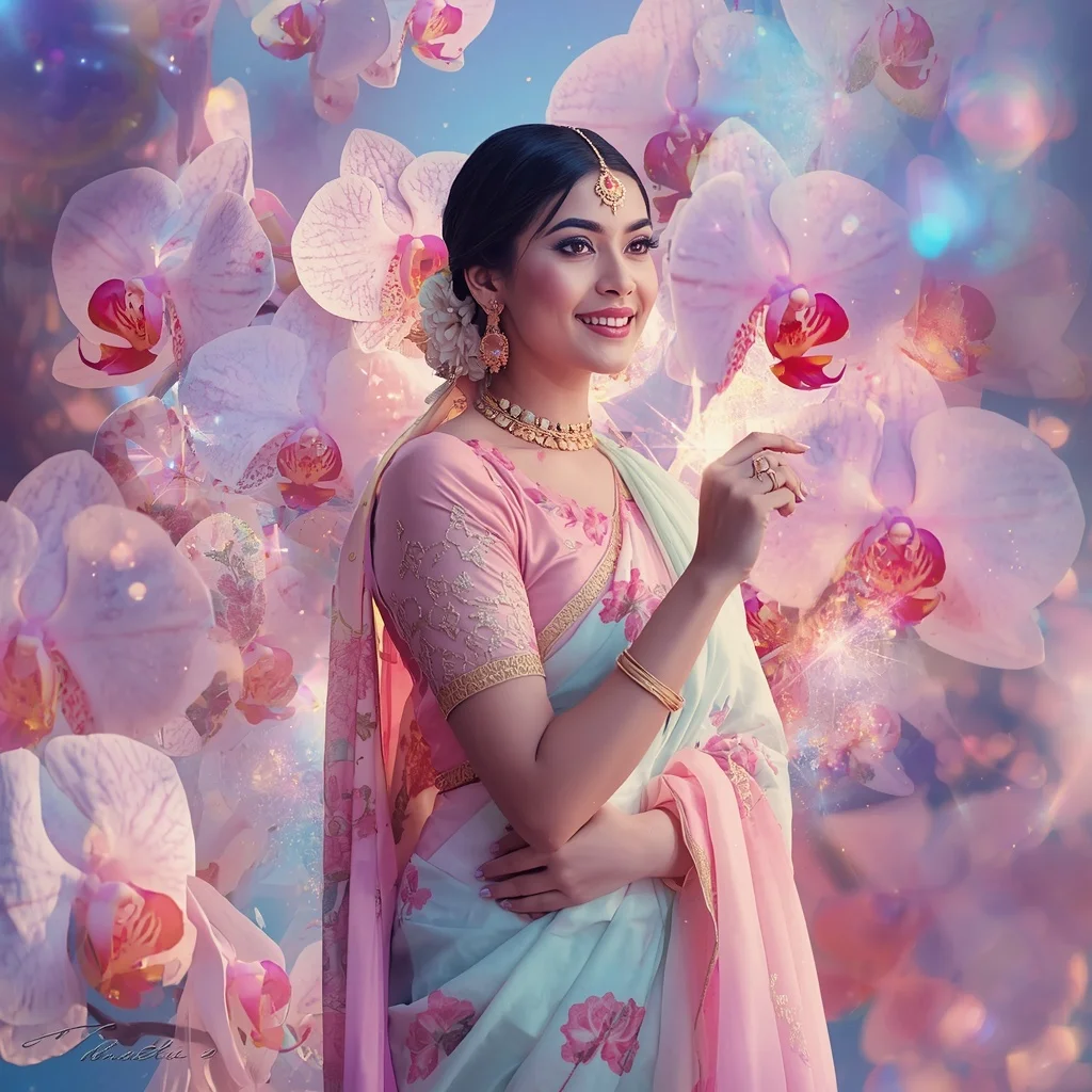 Festive Pastel Saree Prism Orchid Galaxy Bloom Collage Premium Cinematic | Prompt Seen Girl