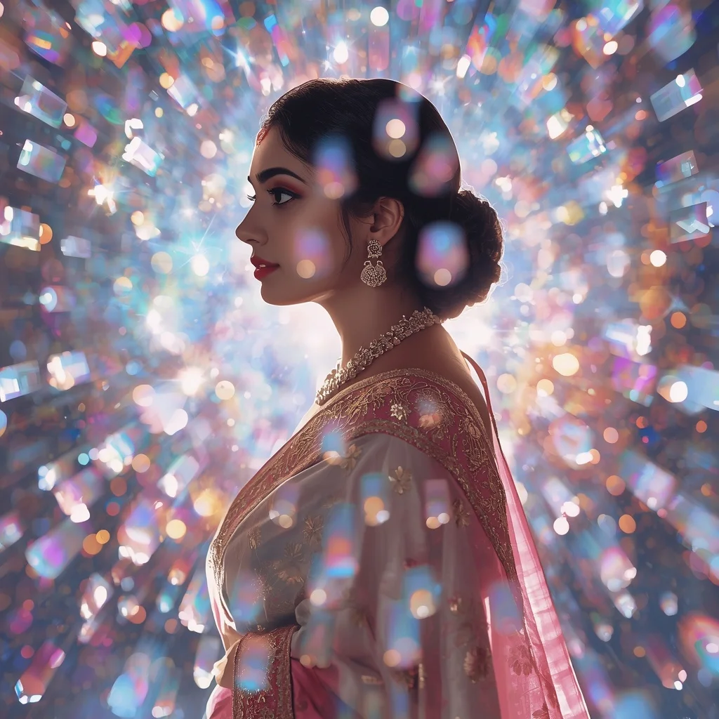 Festive Pastel Saree Prism Reflection Aurora Cosmos Collage Luxury Cinematic | Editing Prompt Girl
