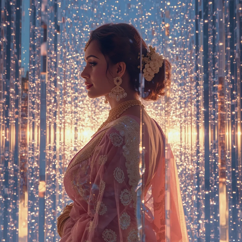 Festive Pastel Saree Prism Reflection Paradise Cosmos Collage Luxury Cinematic | Female Model Ai Prompt