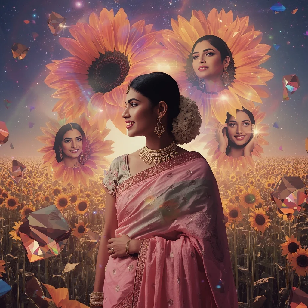 Festive Pastel Saree Prism Sunflower Galaxy Bloom Collage Premium Cinematic | Female Model Ai Prompt