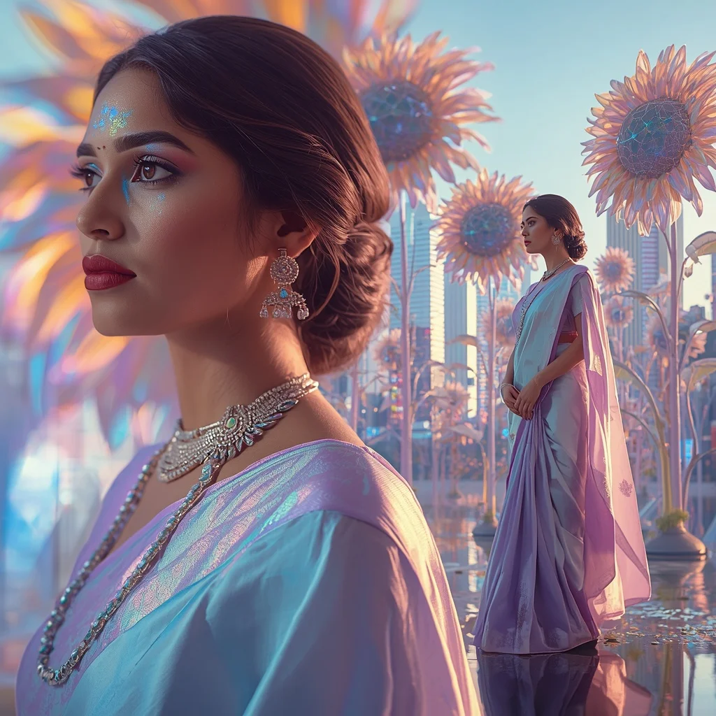 Festive Pastel Saree Prism Sunflower Megacity Collage | Indian Girl Ai Prompt