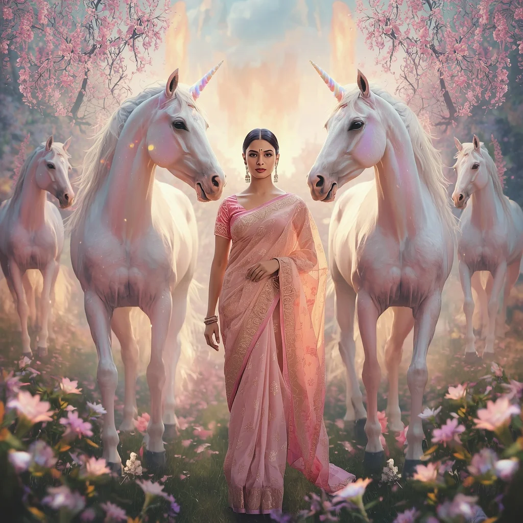 Festive Pastel Saree Prism Unicorn Celestial Garden Collage Premium | Prompt For Gemini