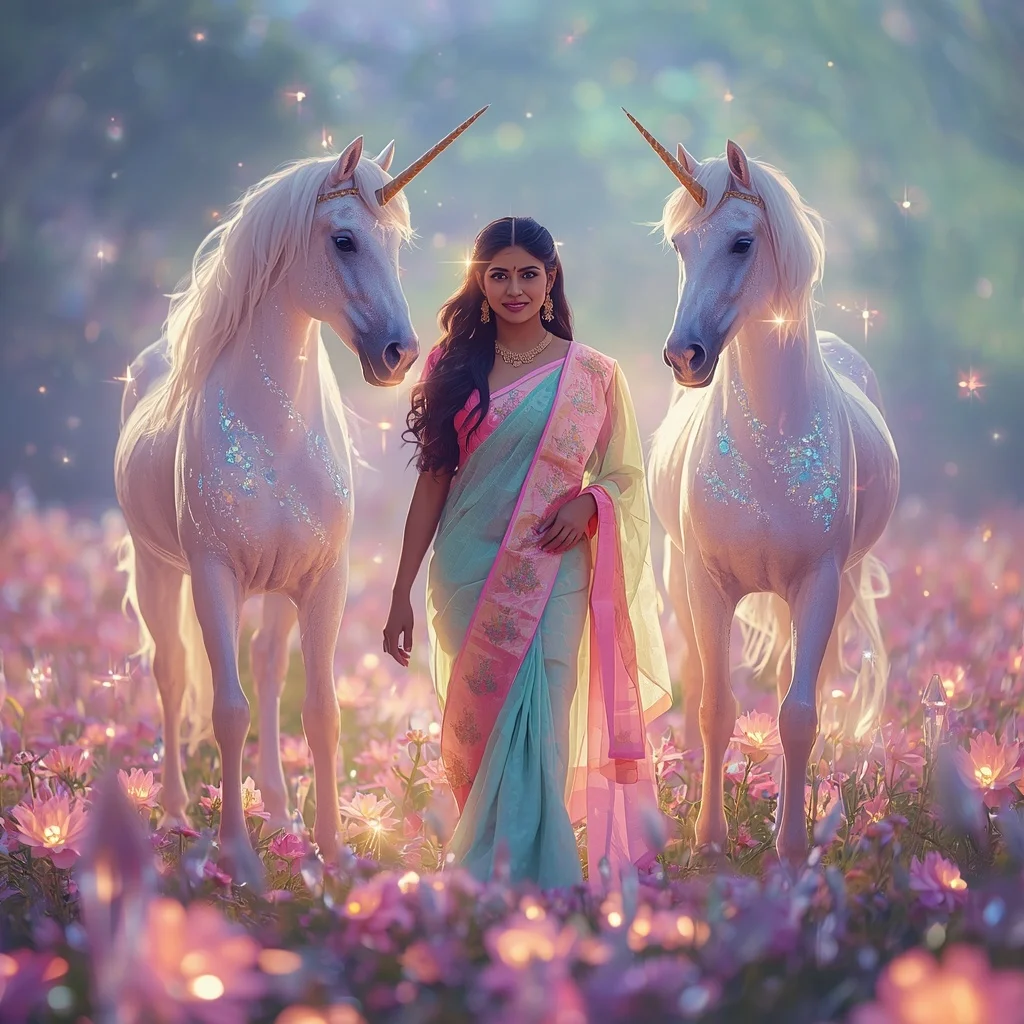 Festive Pastel Saree Prism Unicorn Crystal Garden Collage Premium | Prompt For Traditional Look For Girl Copy Paste