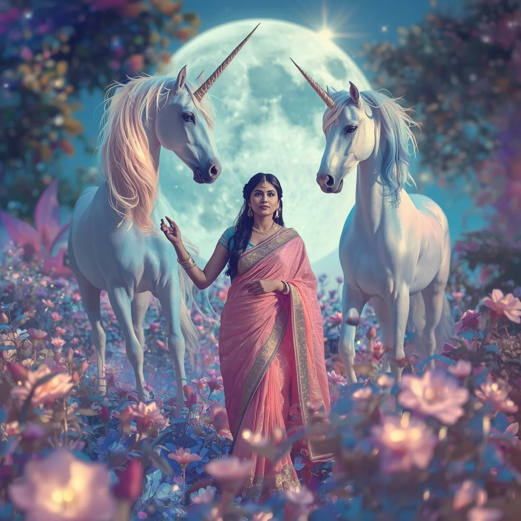 Festive Pastel Saree Prism Unicorn Moonlit Garden Collage Premium | Trending Prompt Girls