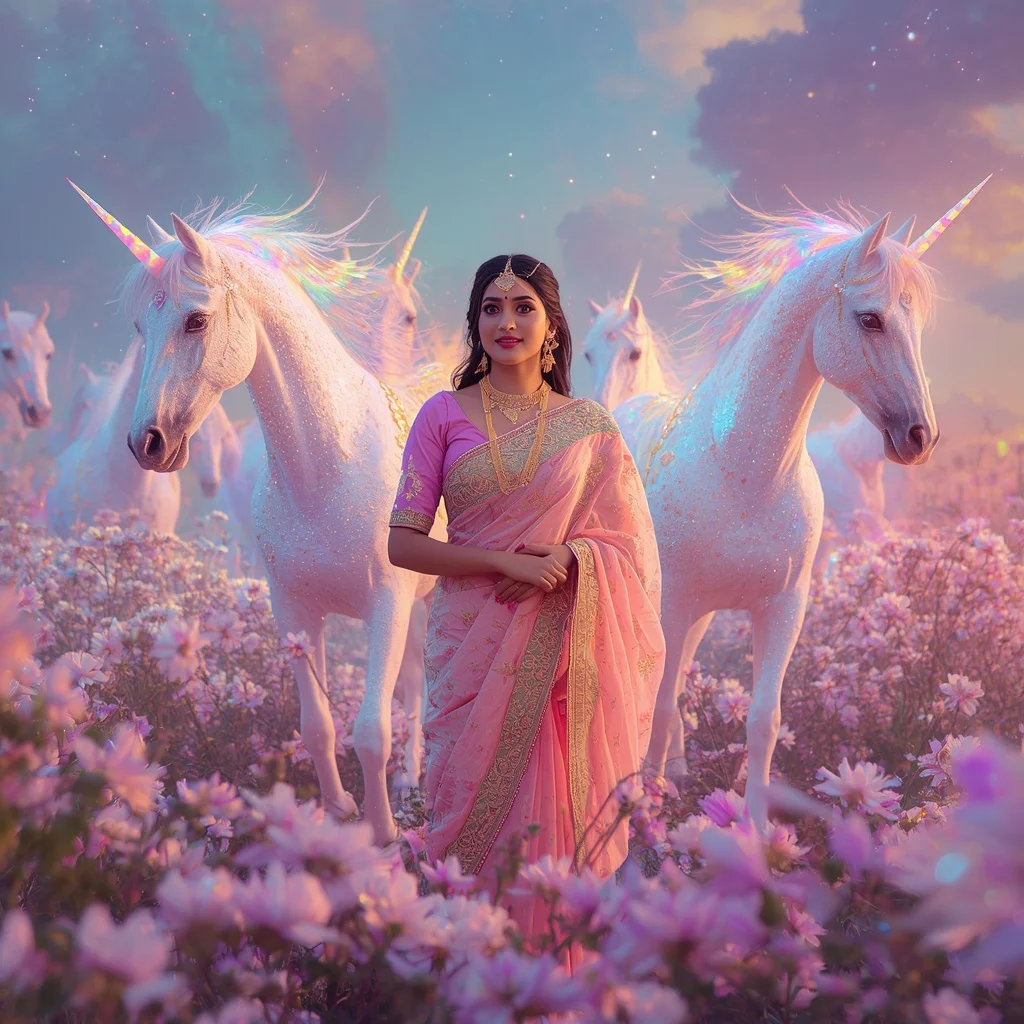 Festive Pastel Saree Prism Unicorn Starlight Empire Collage Premium | Gemini Photo Editing Prompt