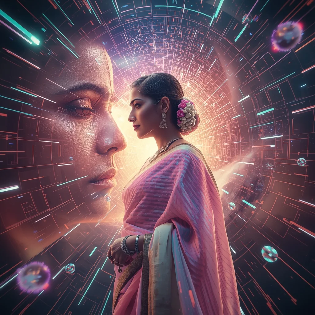 Festive Pastel Saree Quantum Magnetic Grid Tornado Collage | Hyper Futuristic Prompt | Indian Bride Saree Ai Prompt