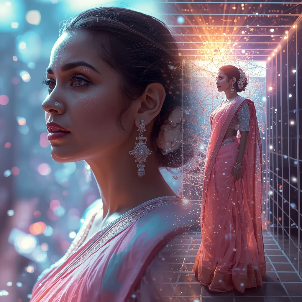Festive Pastel Saree Quantum Magnetic Grid Tornado Collage | Hyper Futuristic Prompt | Saree Couple Ai Prompt