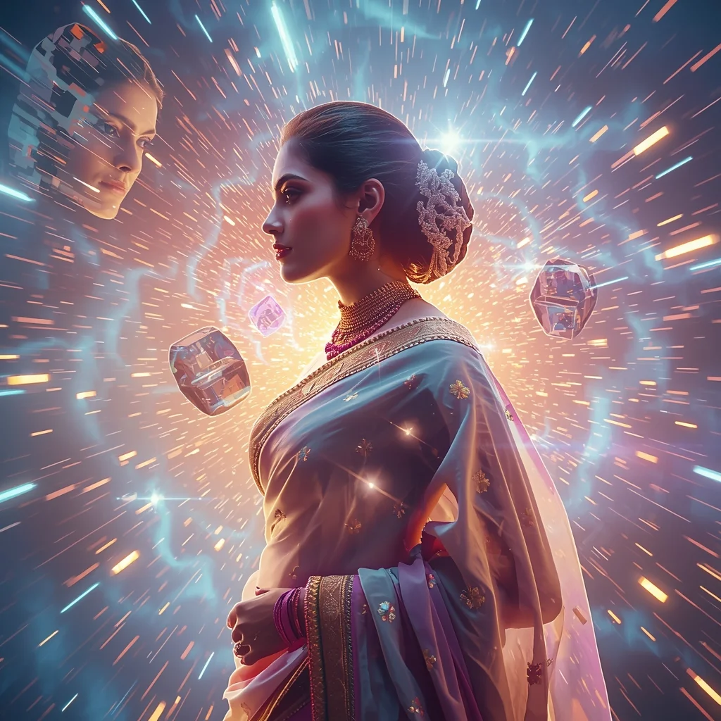 Festive Pastel Saree Quantum Magnetic Grid Tornado Collage | Hyper Futuristic Prompt | Saree Whatsapp Dp Ai Prompt