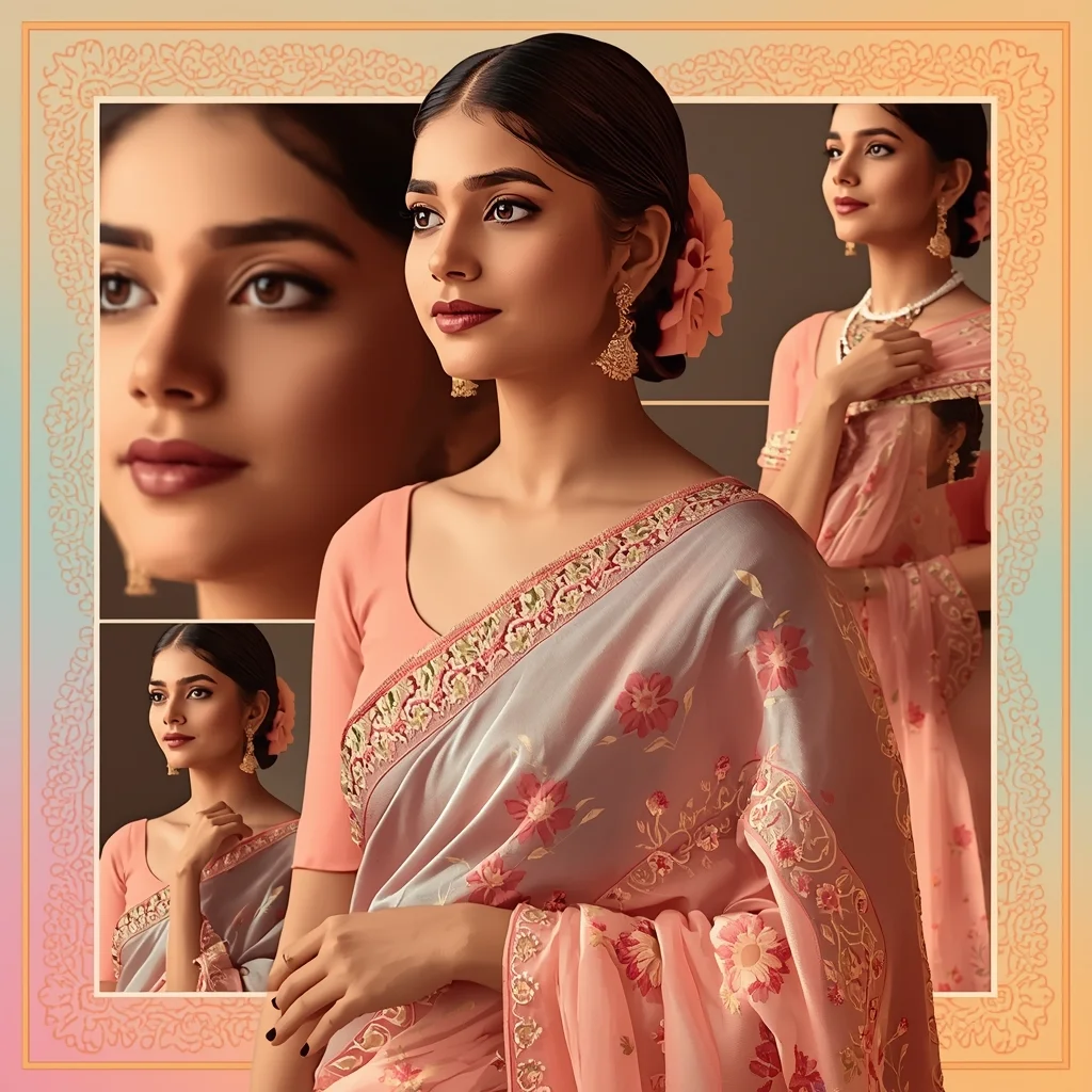 Festive Pastel Saree Rangoli Pattern Collage | Indian Girl Cultural Art Aesthetic Soft Cinematic Viral Prompt | Gemini Saree Prompt For Woman