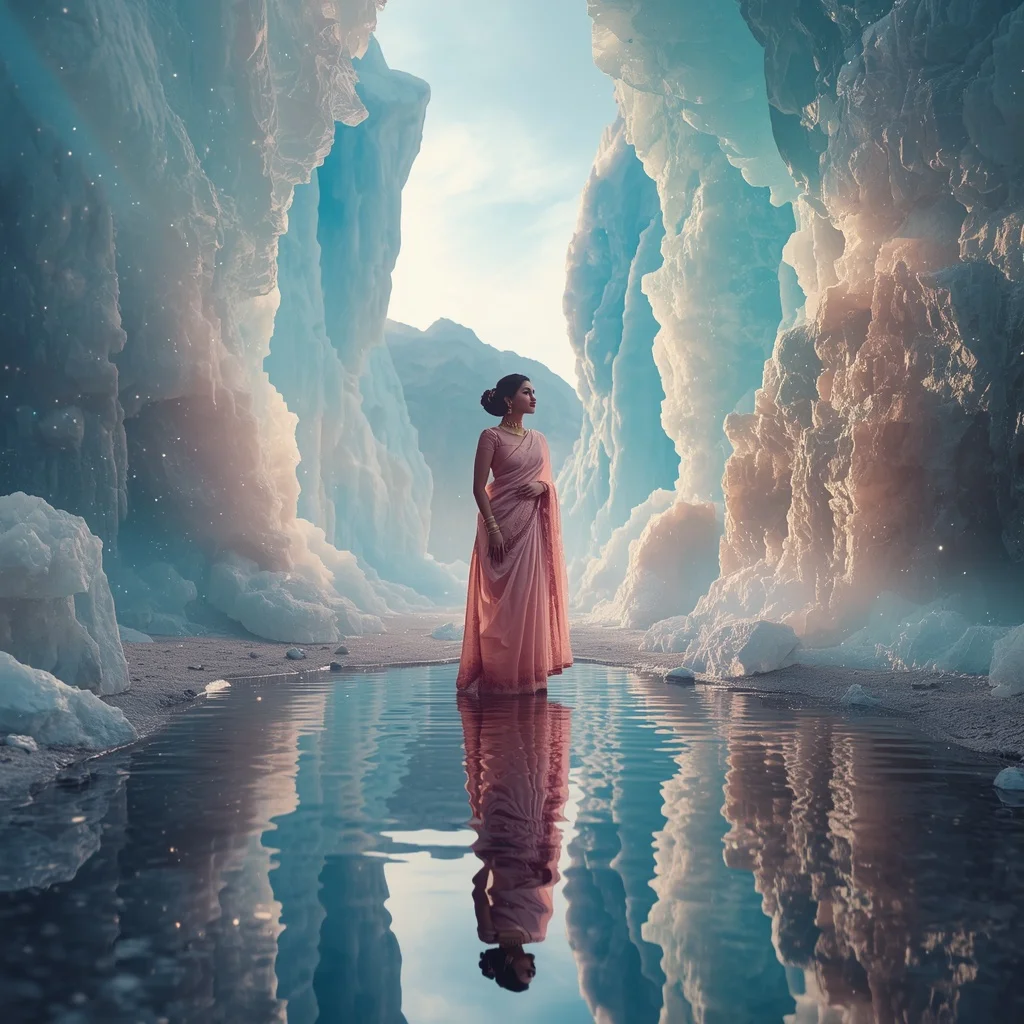 Festive Pastel Saree Reflective Aurora Crystal Fjord Collage Luxury | Girl Photo Prompt Gemini
